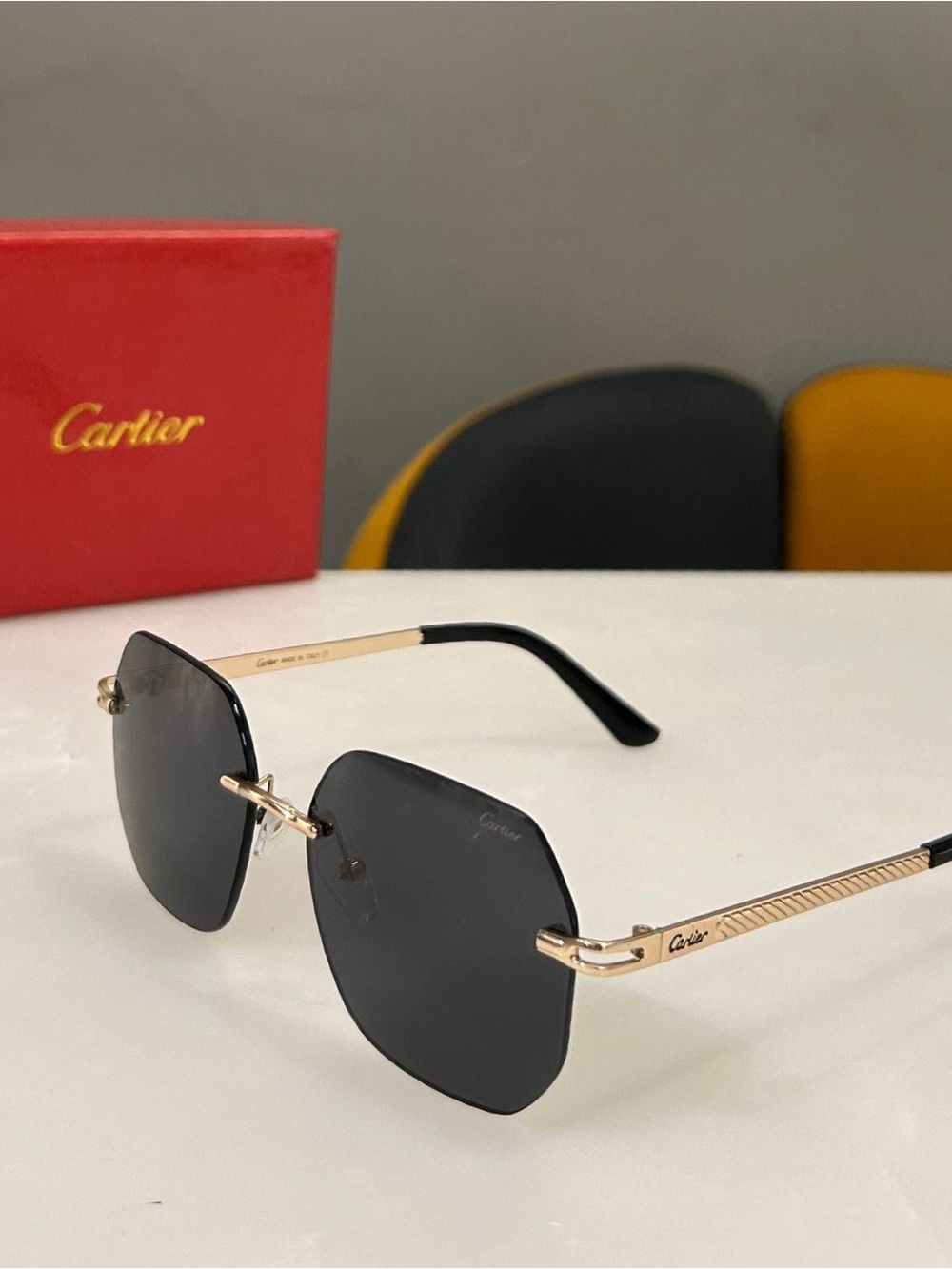 Cartier Rimless Square Sunglasses - Black & Gold Accents